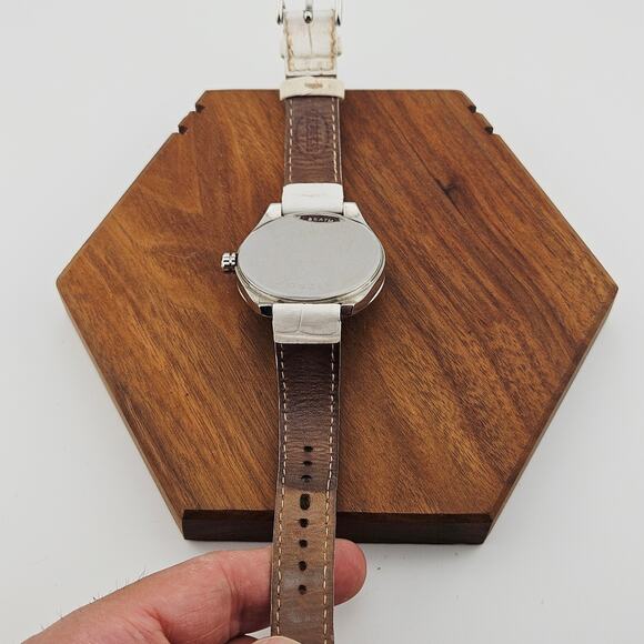 Fossil Women's Cracked Floral Crystal Dial Watch Silver Tone White Leather Band - Picture 5 of 9